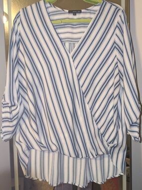 West Kei White and Navy Blue Striped Wrap Blouse